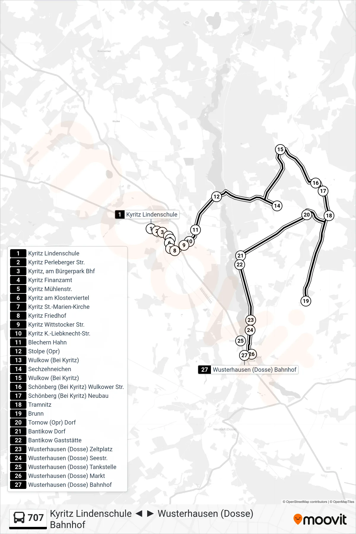 Linie 707 (Bus) Richtung Wusterhausen (Dosse) Bahnhof: Route und Haltestellen auf der Karte