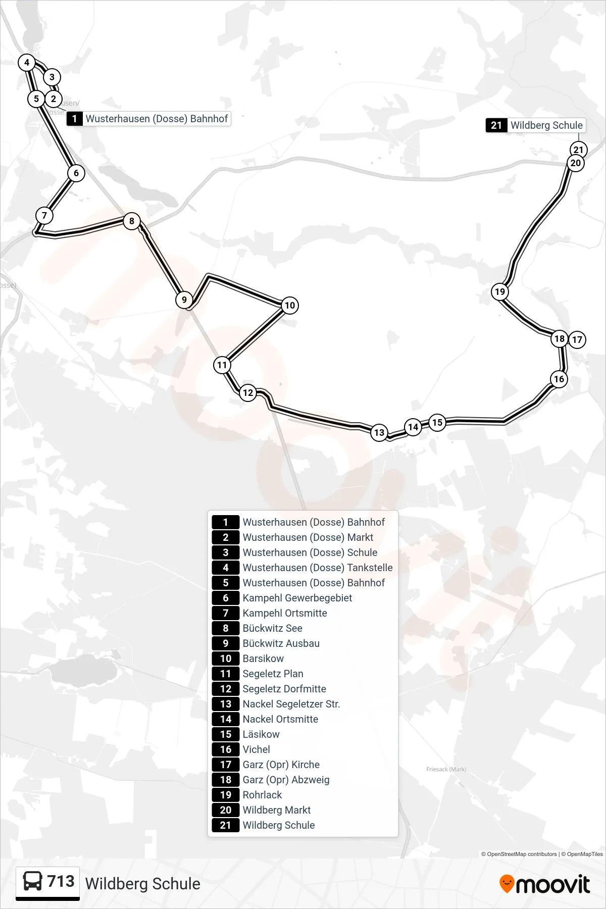 713 bus Line (Wildberg Schule) route and stops on a map