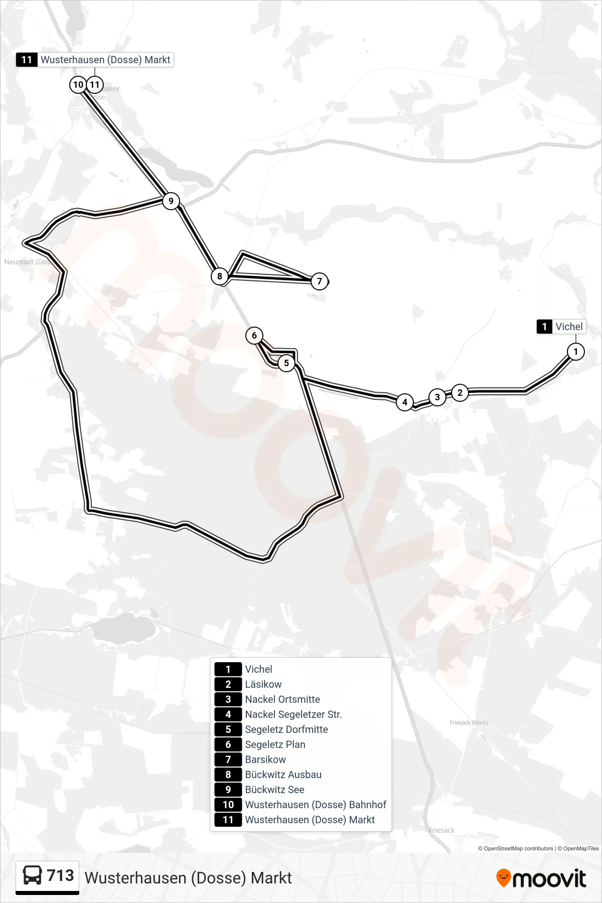 Linie 713 (Bus) Richtung Wusterhausen (Dosse) Markt: Route und Haltestellen auf der Karte