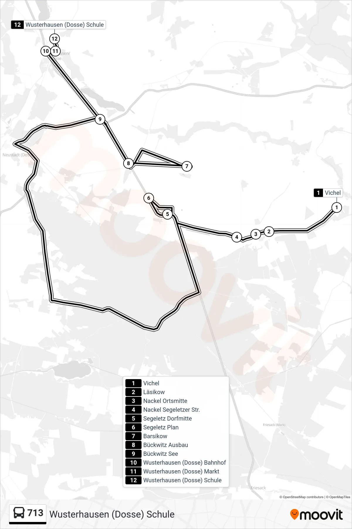 Linie 713 (Bus) Richtung Wusterhausen (Dosse) Schule: Route und Haltestellen auf der Karte