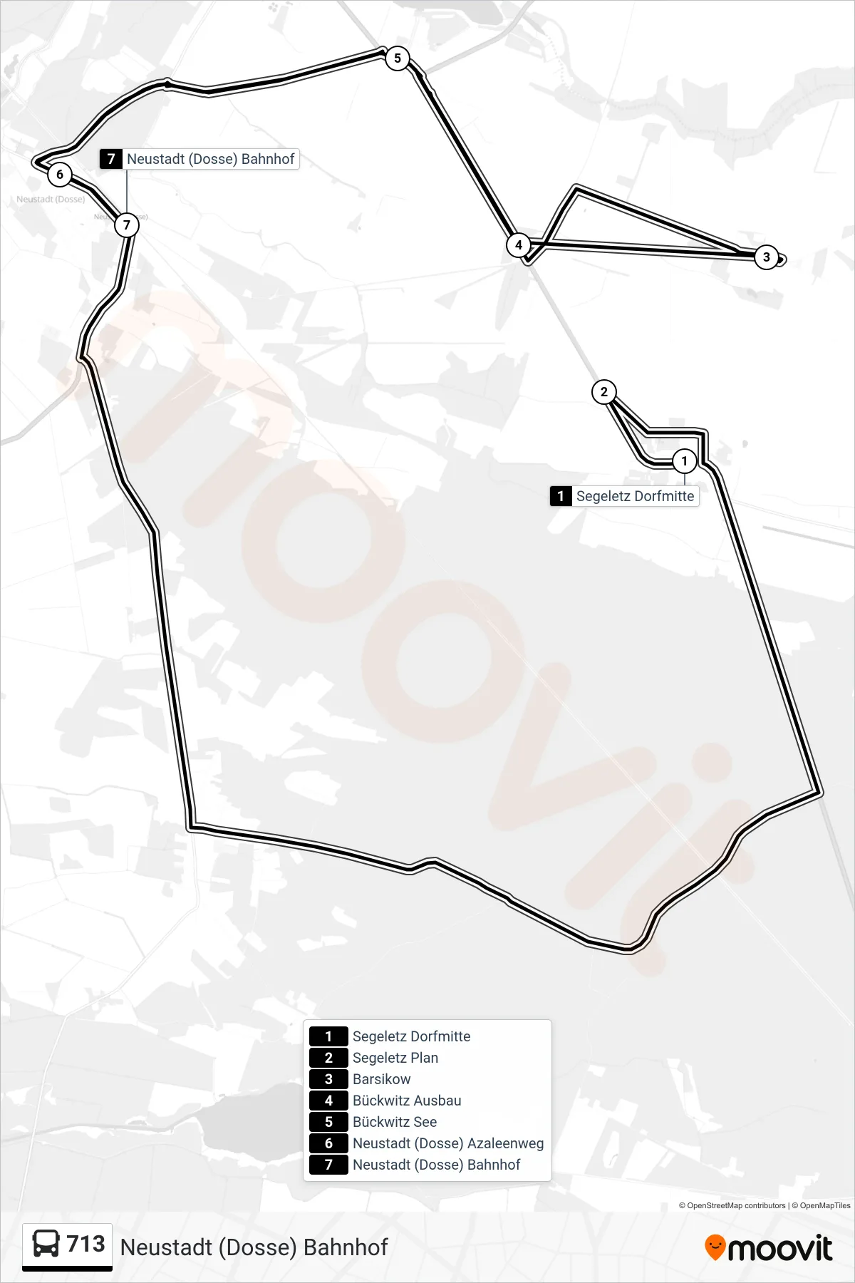 713 bus Line (Neustadt (Dosse) Bahnhof) route and stops on a map