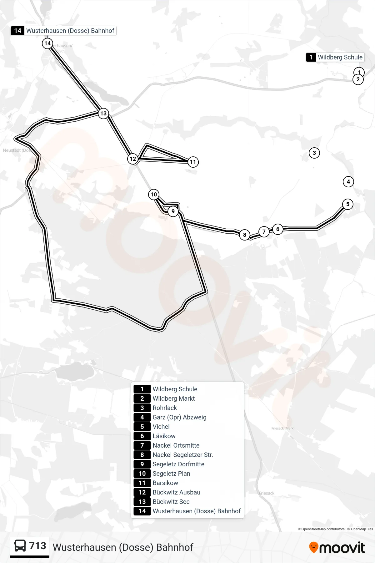 713 bus Line (Wusterhausen (Dosse) Bahnhof) route and stops on a map