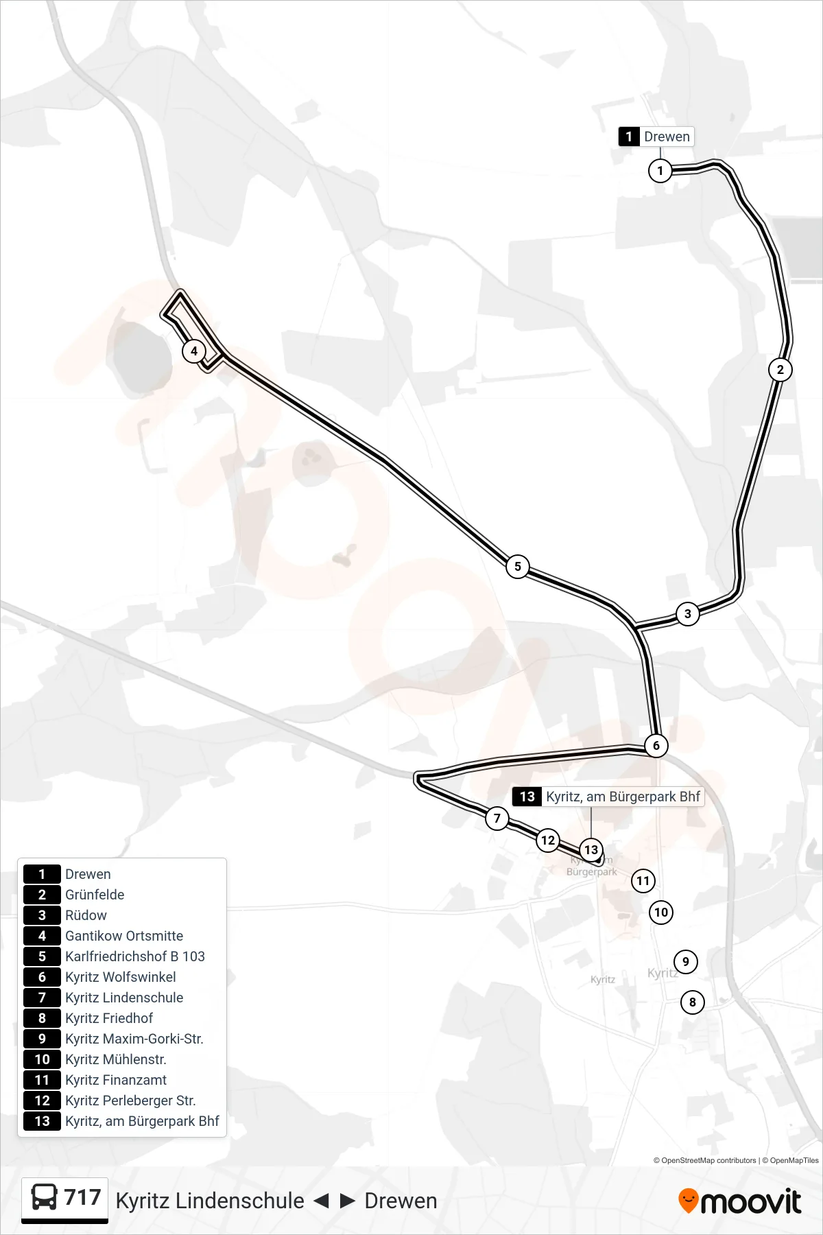 Linie 717 (Bus) Richtung Kyritz am Bürgerpark Bhf: Route und Haltestellen auf der Karte