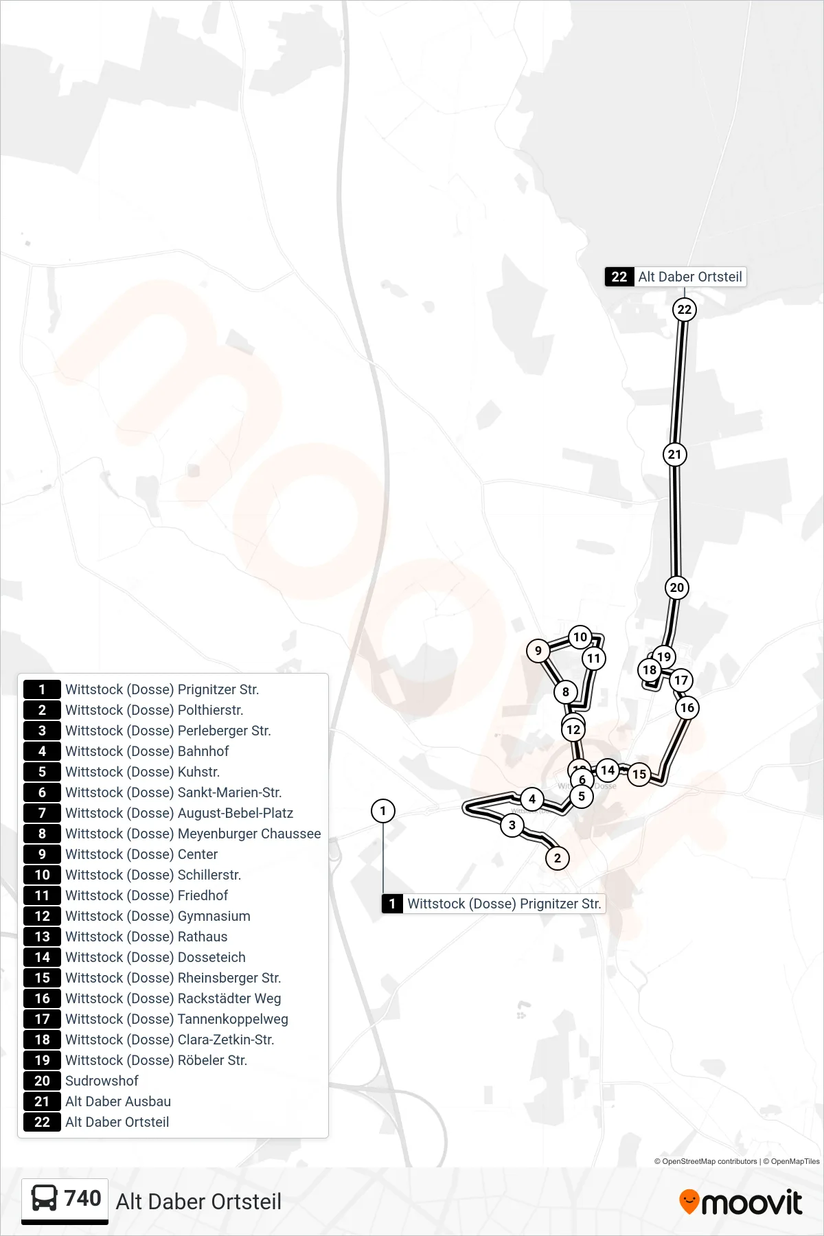 740 bus Line (Alt Daber Ortsteil) route and stops on a map