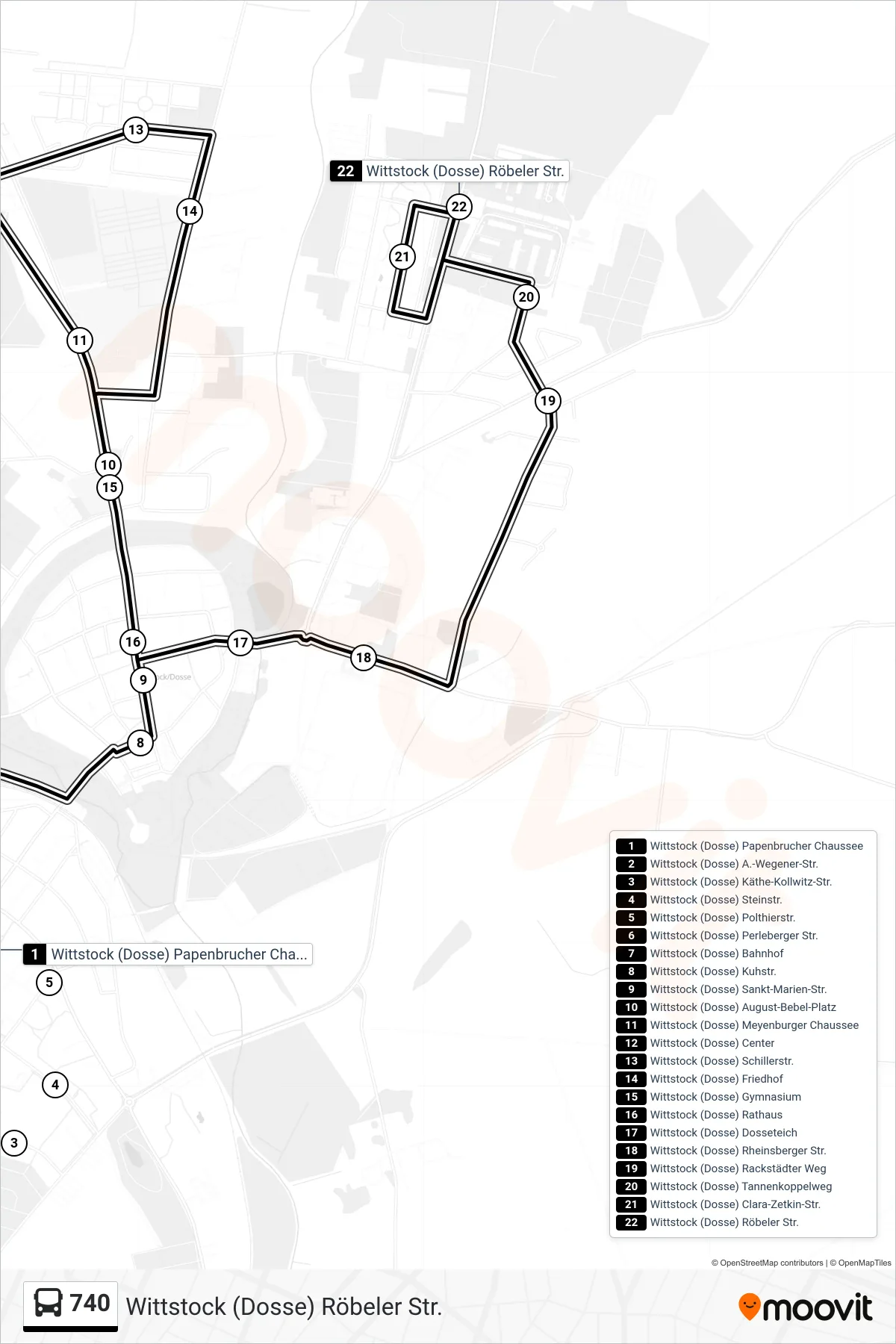 Linie 740 (Bus) Richtung Wittstock (Dosse) Röbeler Str.: Route und Haltestellen auf der Karte