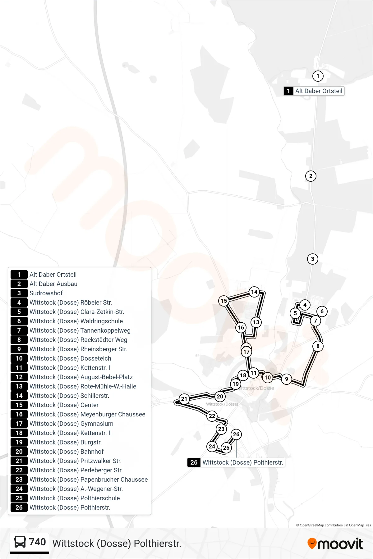 Linie 740 (Bus) Richtung Wittstock (Dosse) Polthierstr.: Route und Haltestellen auf der Karte