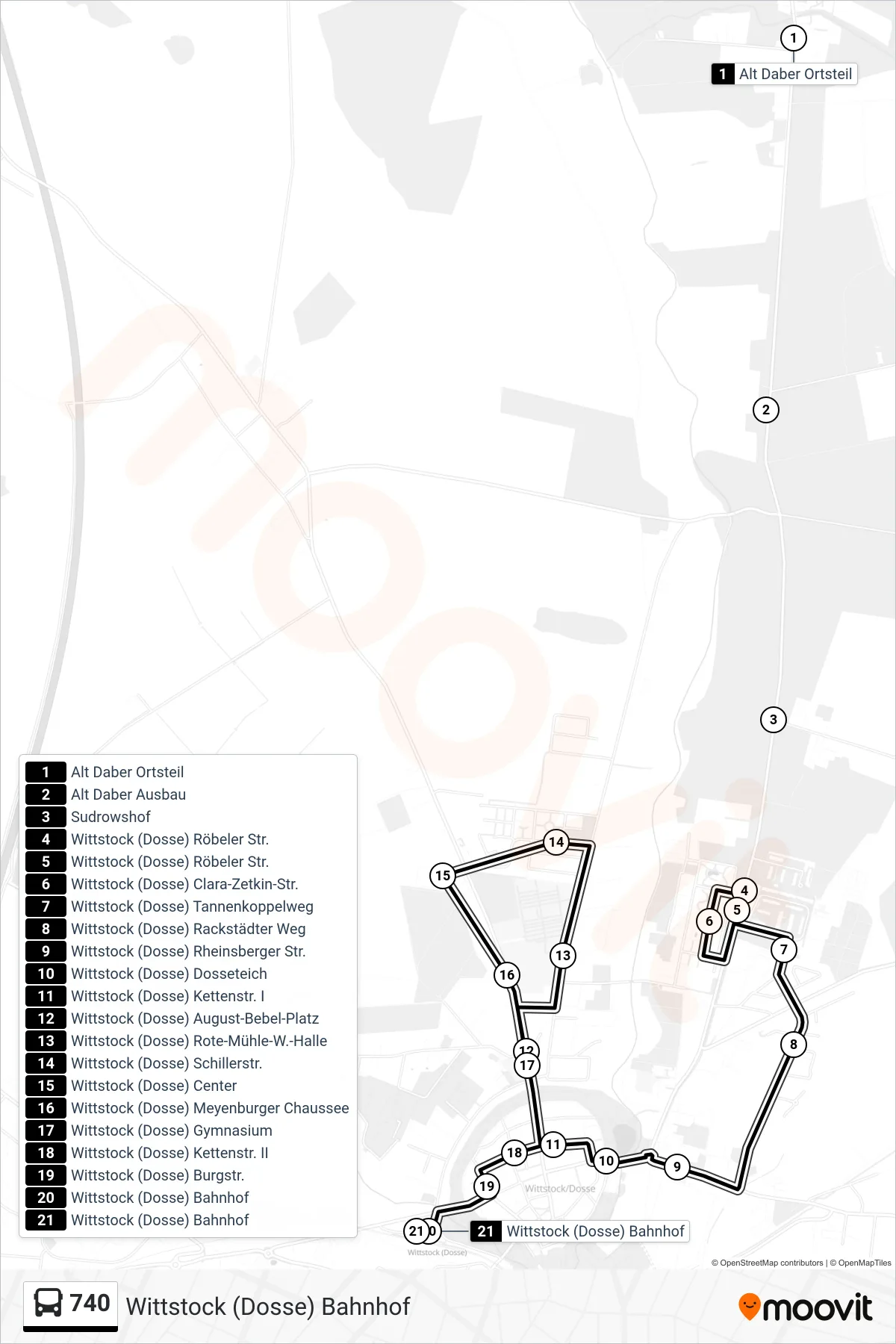 Linie 740 (Bus) Richtung Wittstock (Dosse) Bahnhof: Route und Haltestellen auf der Karte