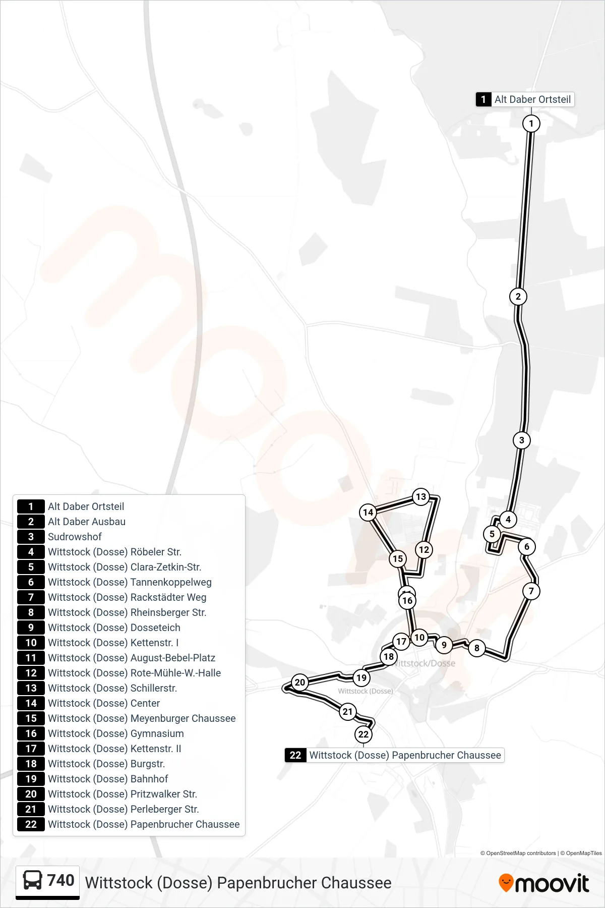 Linie 740 (Bus) Richtung Wittstock (Dosse) Papenbrucher Chaussee: Route und Haltestellen auf der Karte