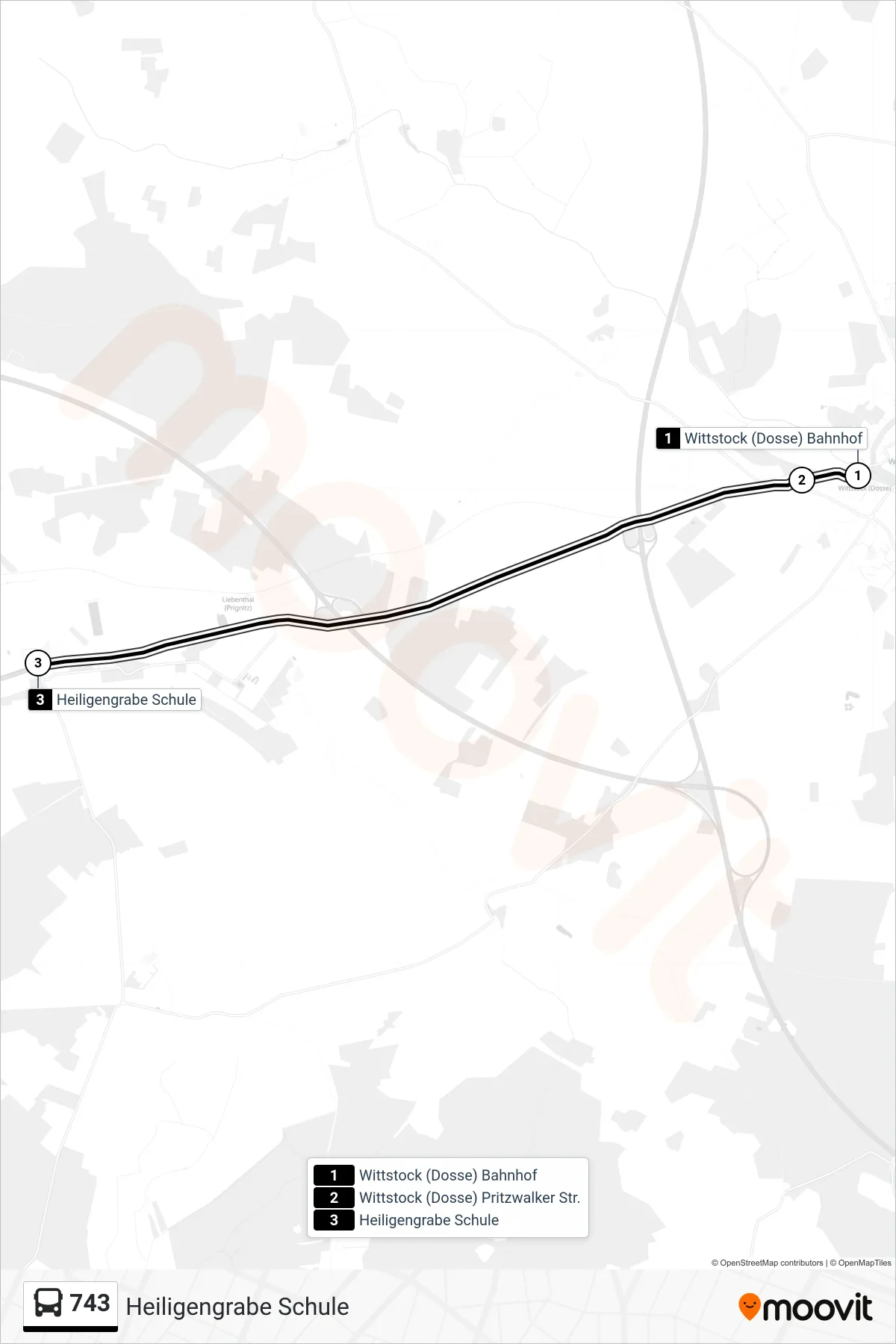 743 bus Line (Heiligengrabe Schule) route and stops on a map