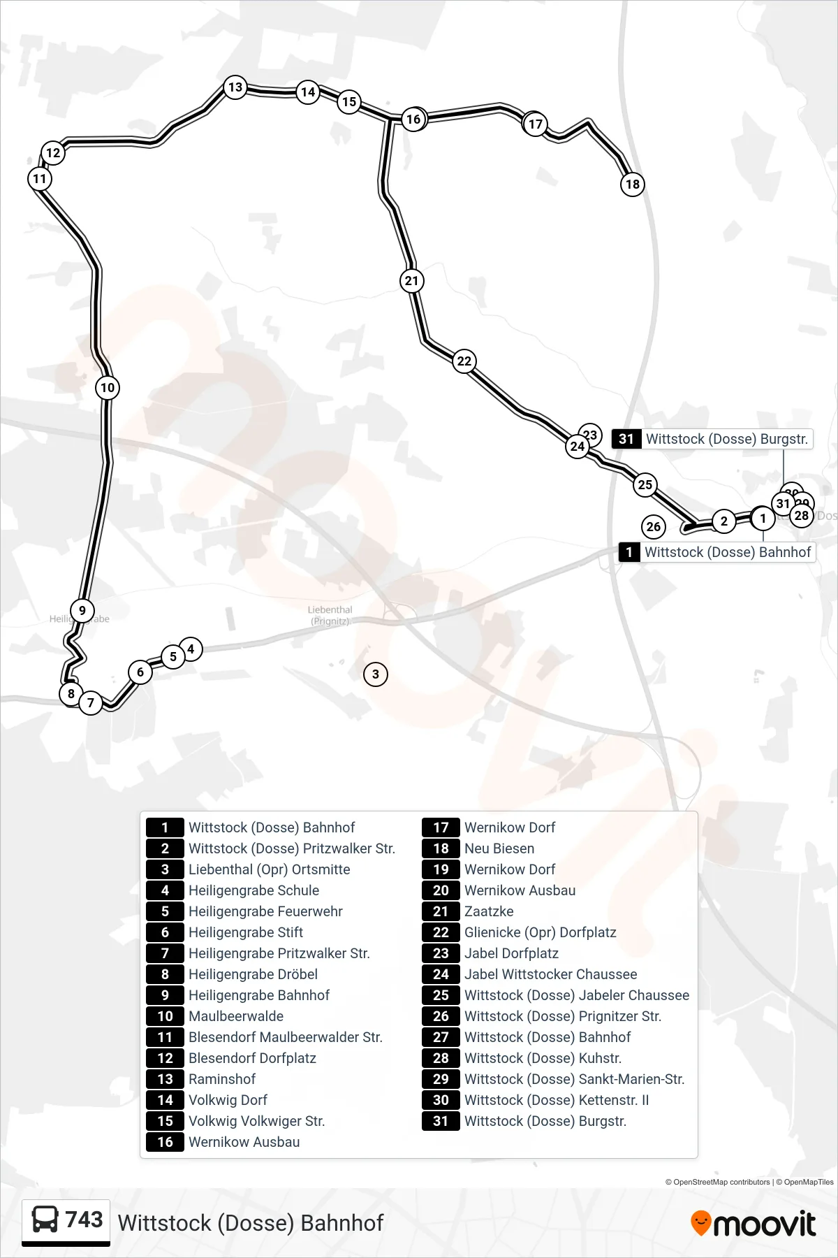 Linie 743 (Bus) Richtung Wittstock (Dosse) Bahnhof: Route und Haltestellen auf der Karte