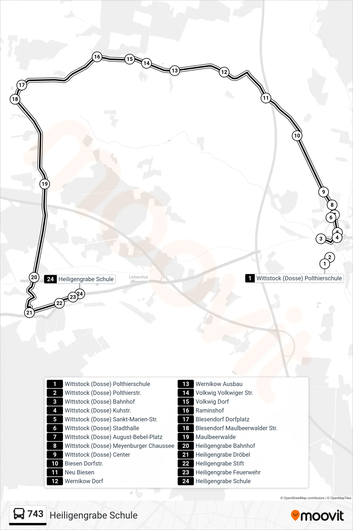 743 bus Line (Heiligengrabe Schule) route and stops on a map