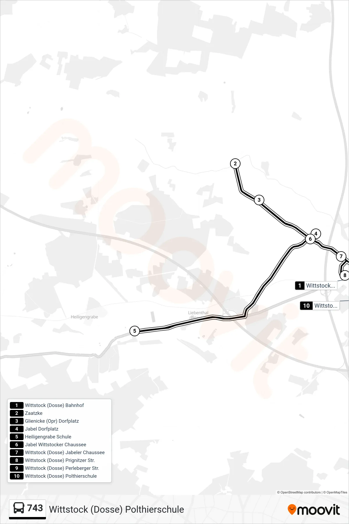 Linie 743 (Bus) Richtung Wittstock (Dosse) Polthierschule: Route und Haltestellen auf der Karte