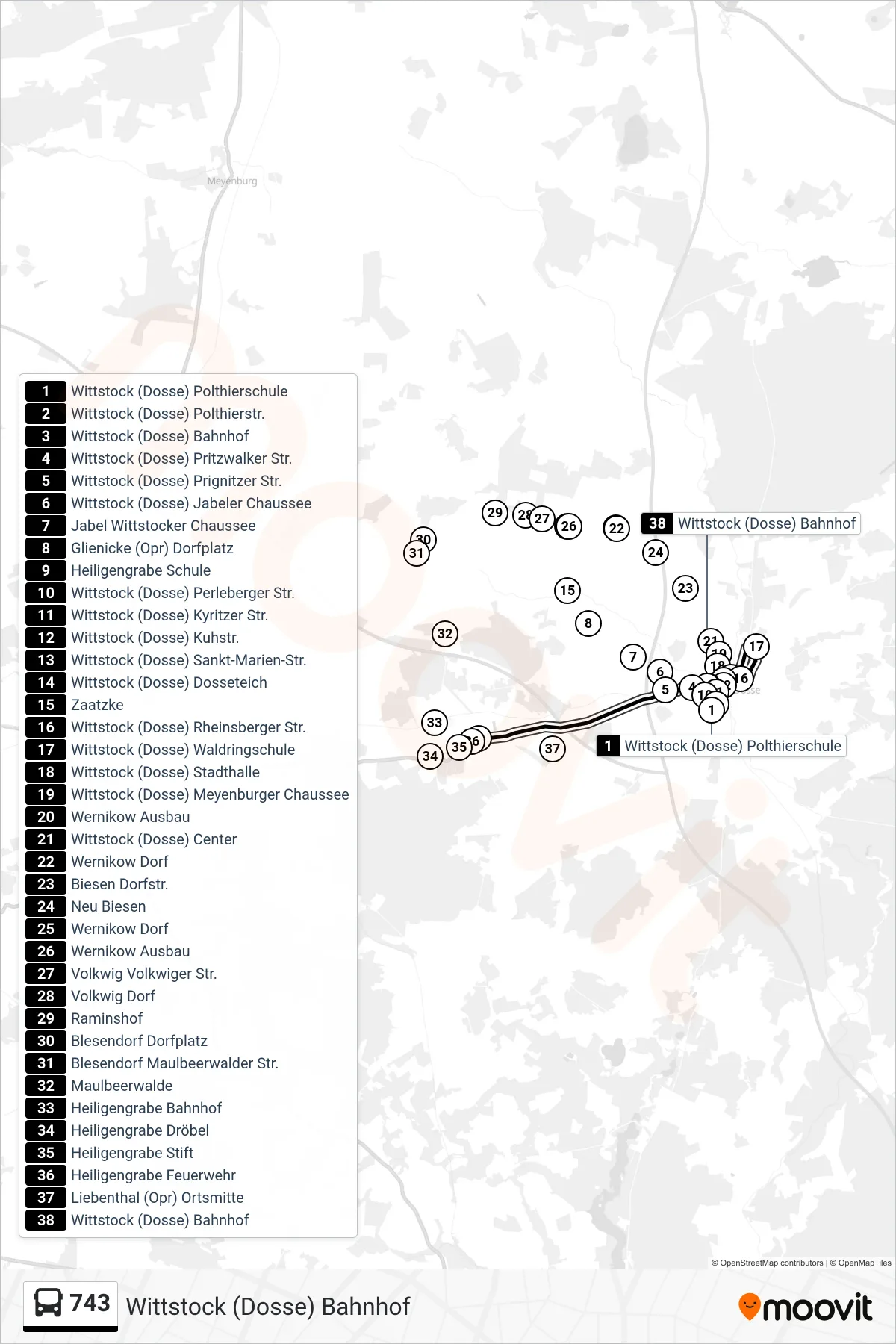 Linie 743 (Bus) Richtung Wittstock (Dosse) Bahnhof: Route und Haltestellen auf der Karte