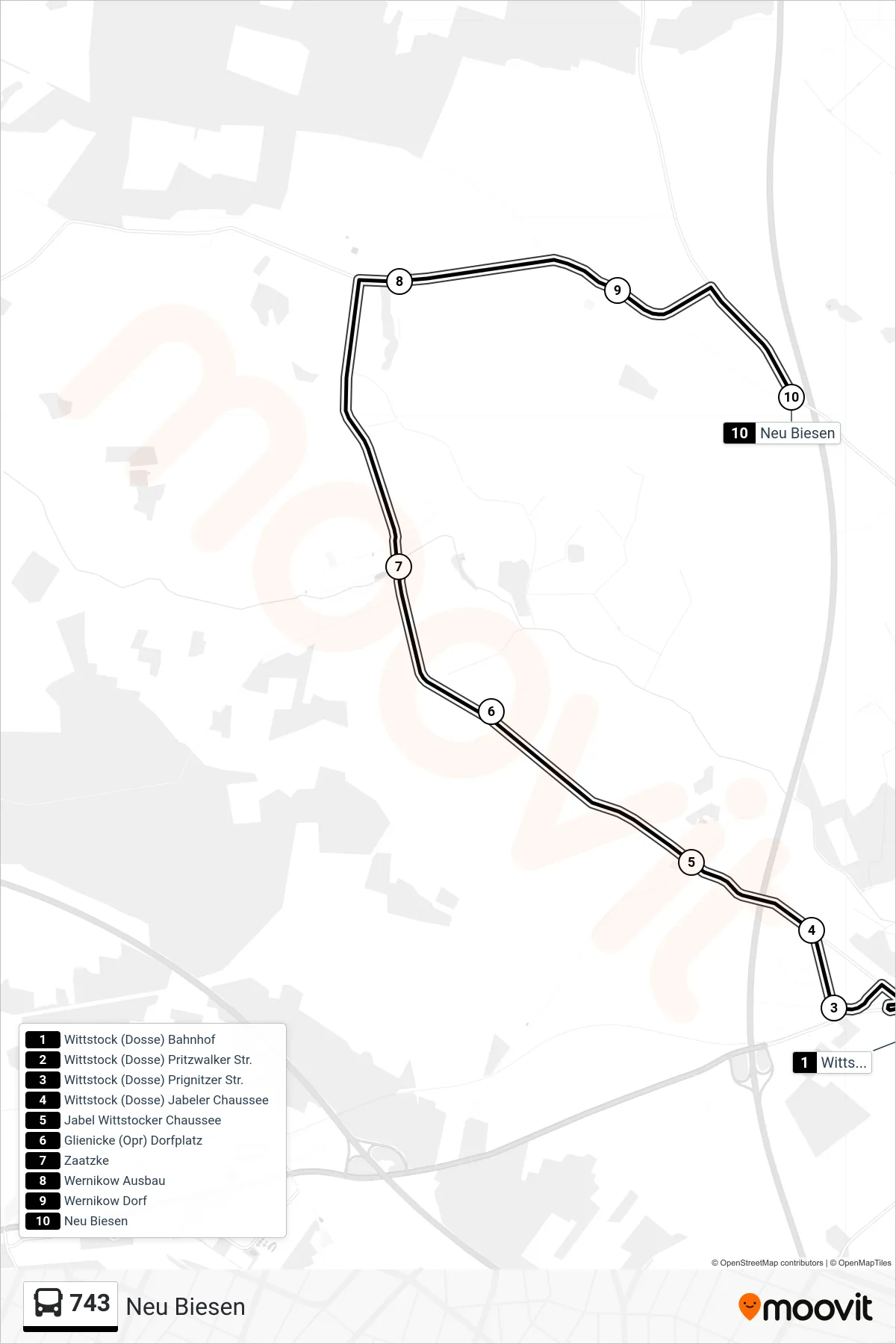 743 bus Line (Neu Biesen) route and stops on a map