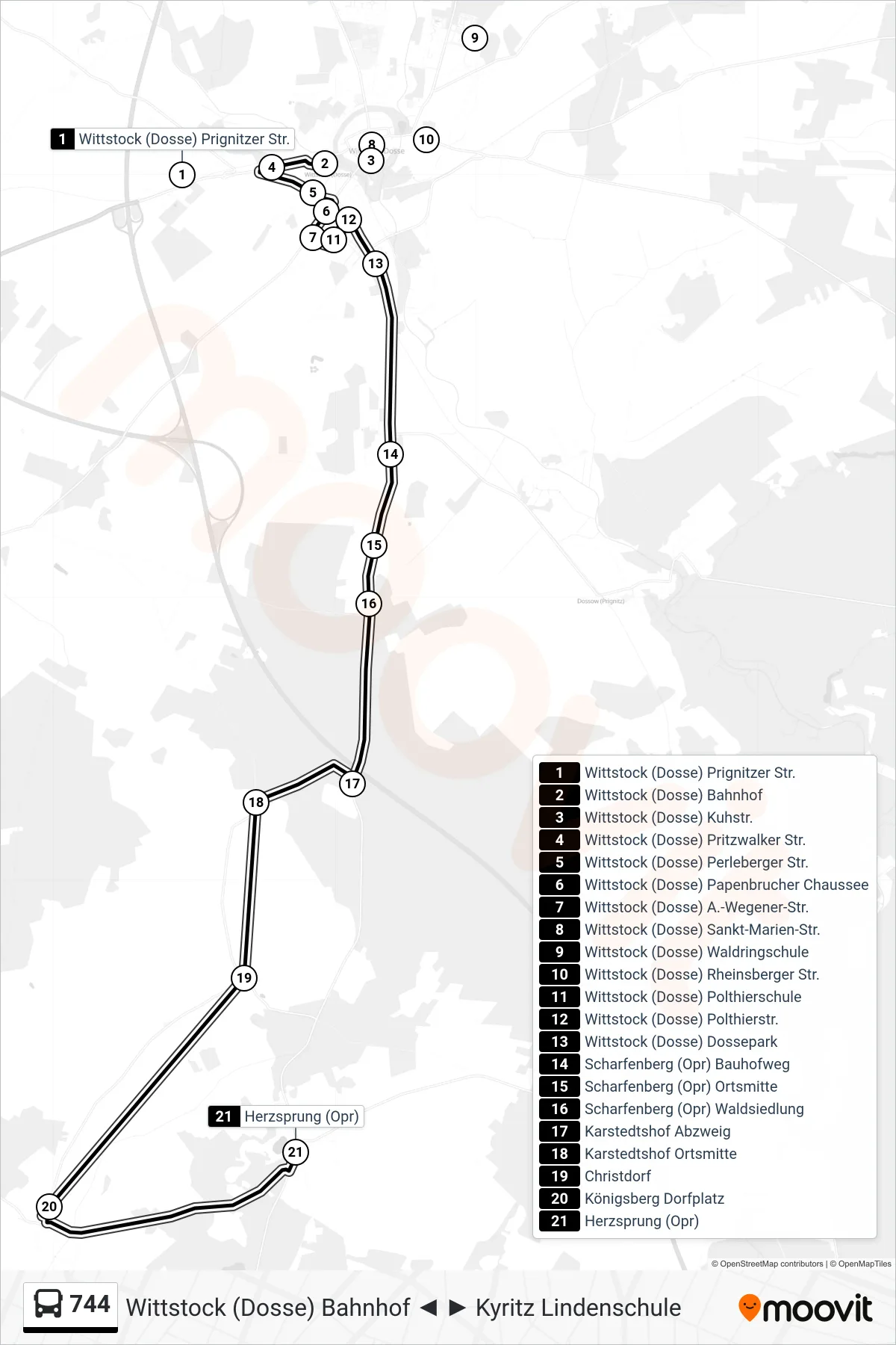 Linie 744 (Bus) Richtung Herzsprung (Opr): Route und Haltestellen auf der Karte
