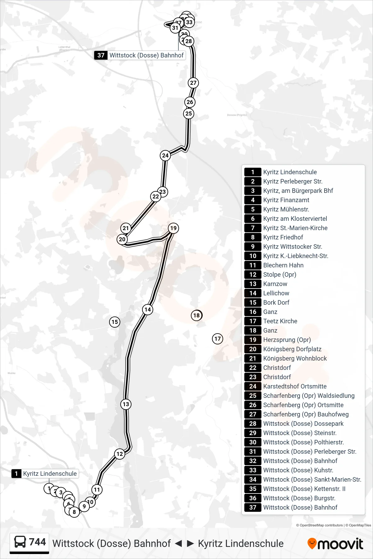 Linie 744 (Bus) Richtung Wittstock (Dosse) Bahnhof: Route und Haltestellen auf der Karte