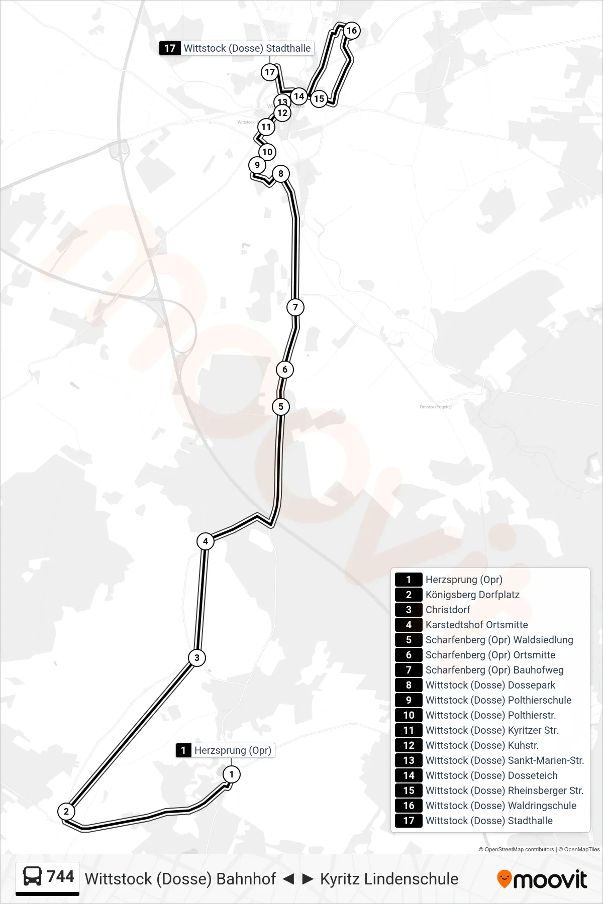 Linie 744 (Bus) Richtung Wittstock (Dosse) Stadthalle: Route und Haltestellen auf der Karte