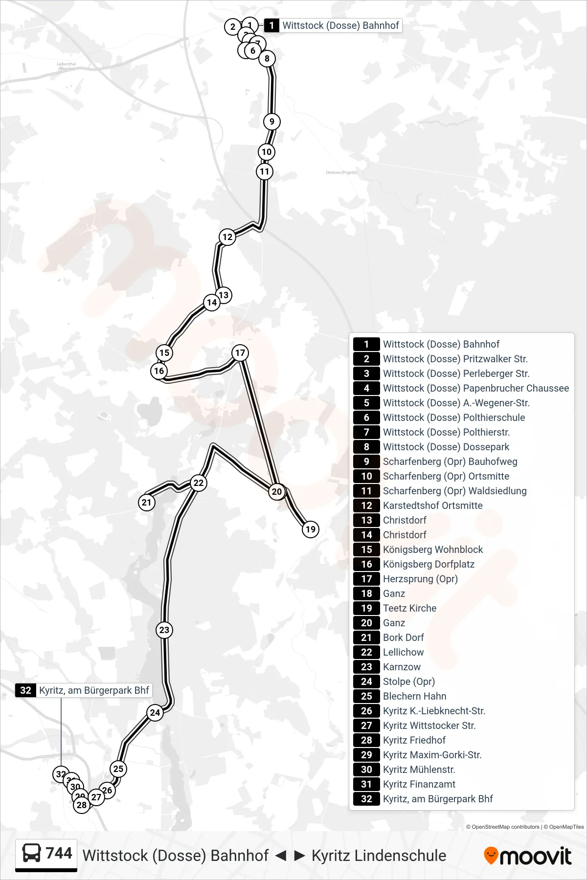 Linie 744 (Bus) Richtung Kyritz am Bürgerpark Bhf: Route und Haltestellen auf der Karte