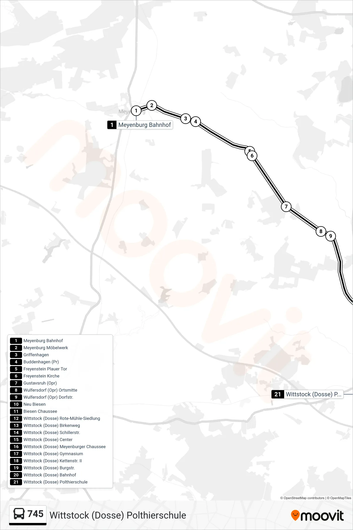 Linie 745 (Bus) Richtung Wittstock (Dosse) Polthierschule: Route und Haltestellen auf der Karte