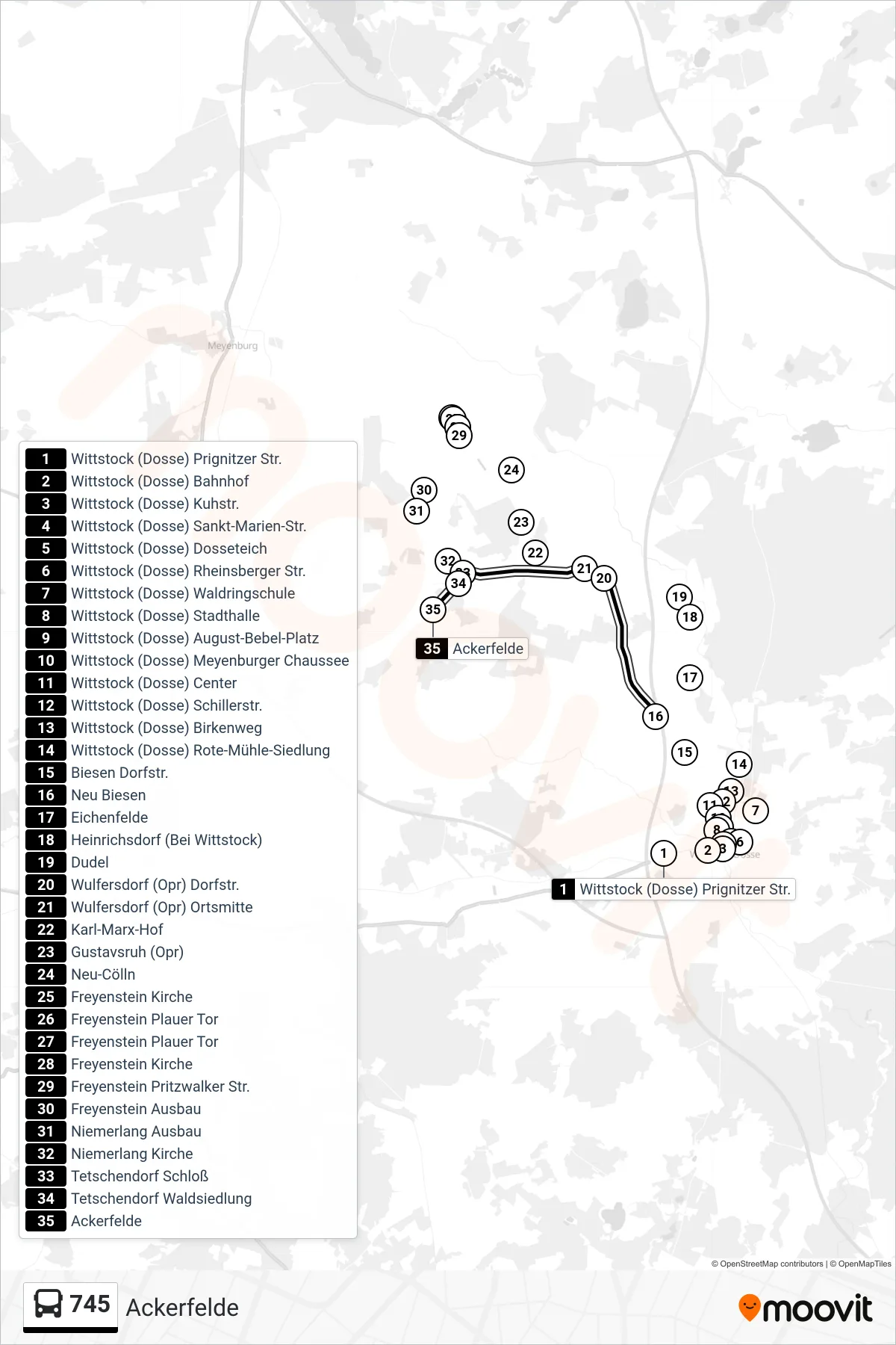 745 bus Line (Ackerfelde) route and stops on a map