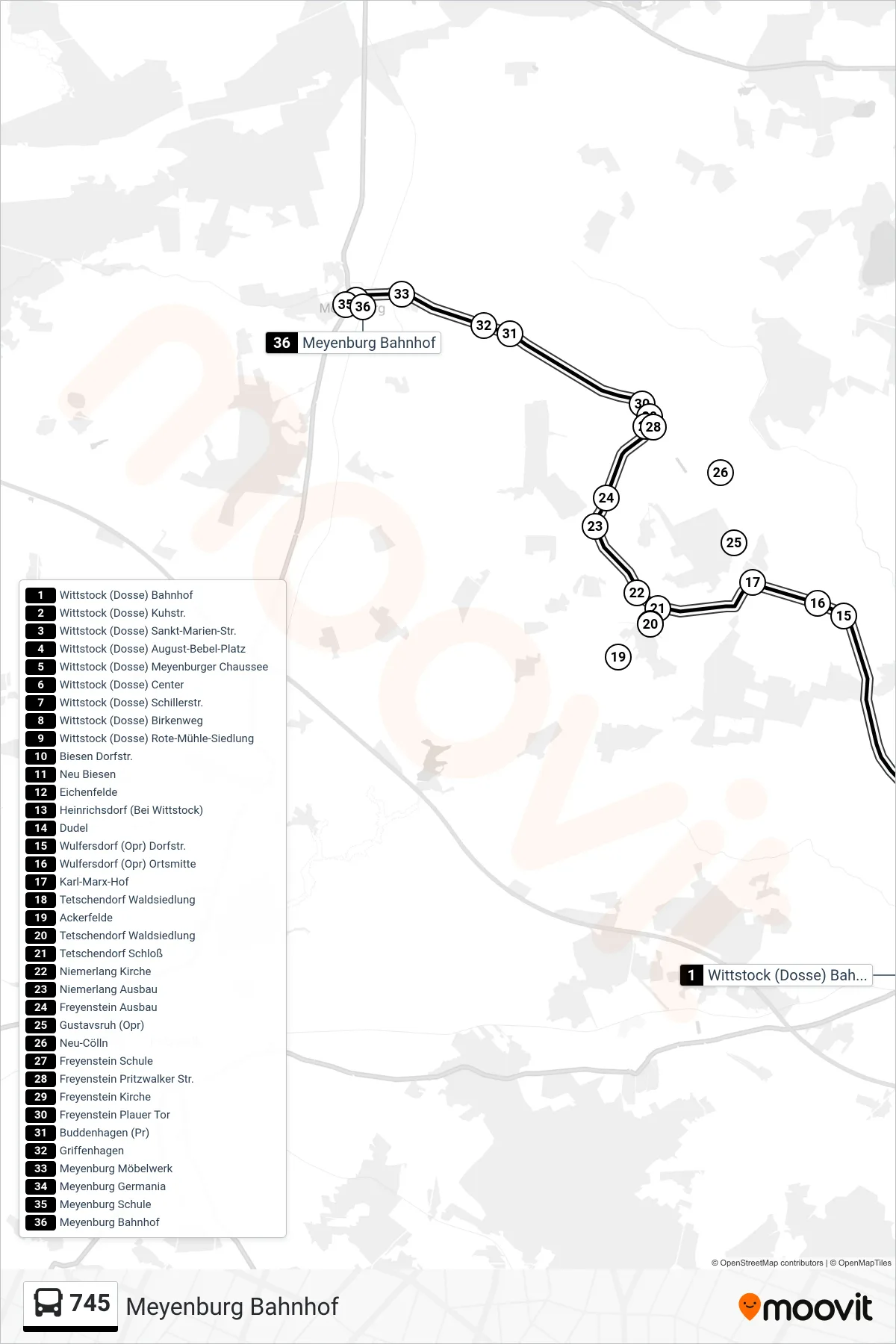 Linie 745 (Bus) Richtung Meyenburg Bahnhof: Route und Haltestellen auf der Karte