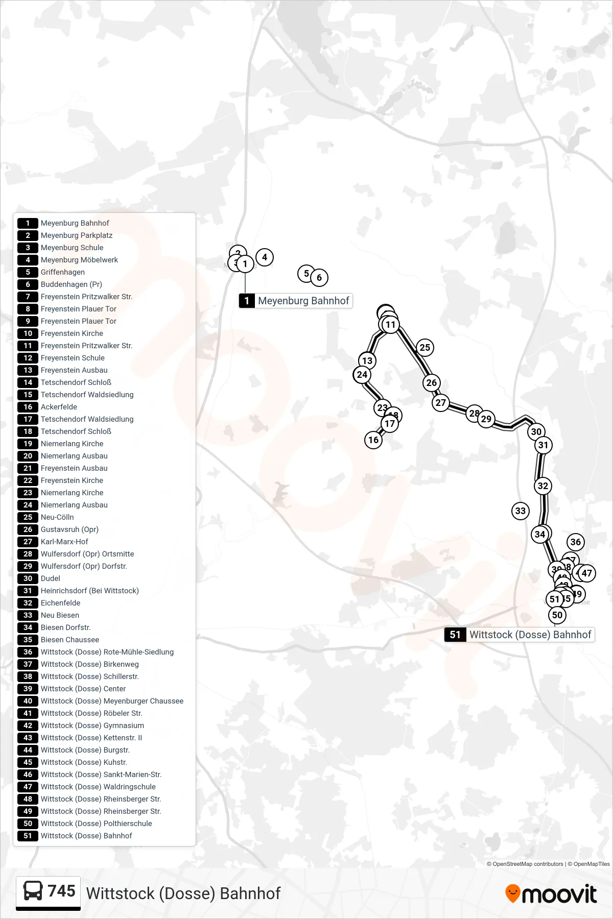 745 bus Line (Wittstock (Dosse) Bahnhof) route and stops on a map