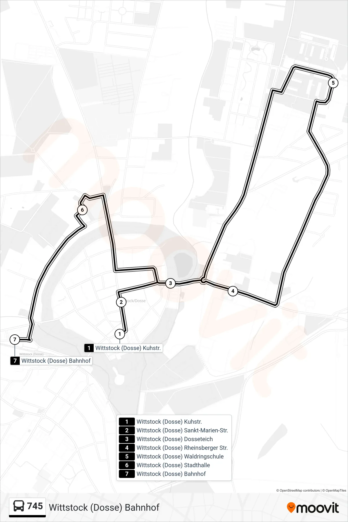 745 bus Line (Wittstock (Dosse) Bahnhof) route and stops on a map