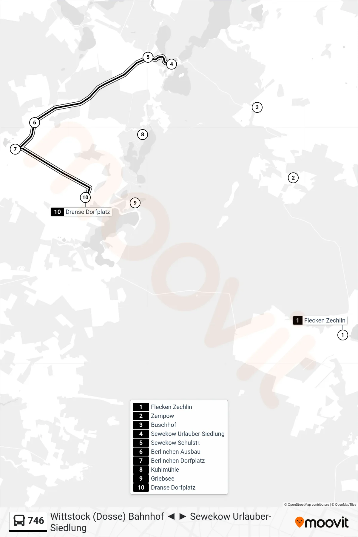 Linie 746 (Bus) Richtung Dranse Dorfplatz: Route und Haltestellen auf der Karte