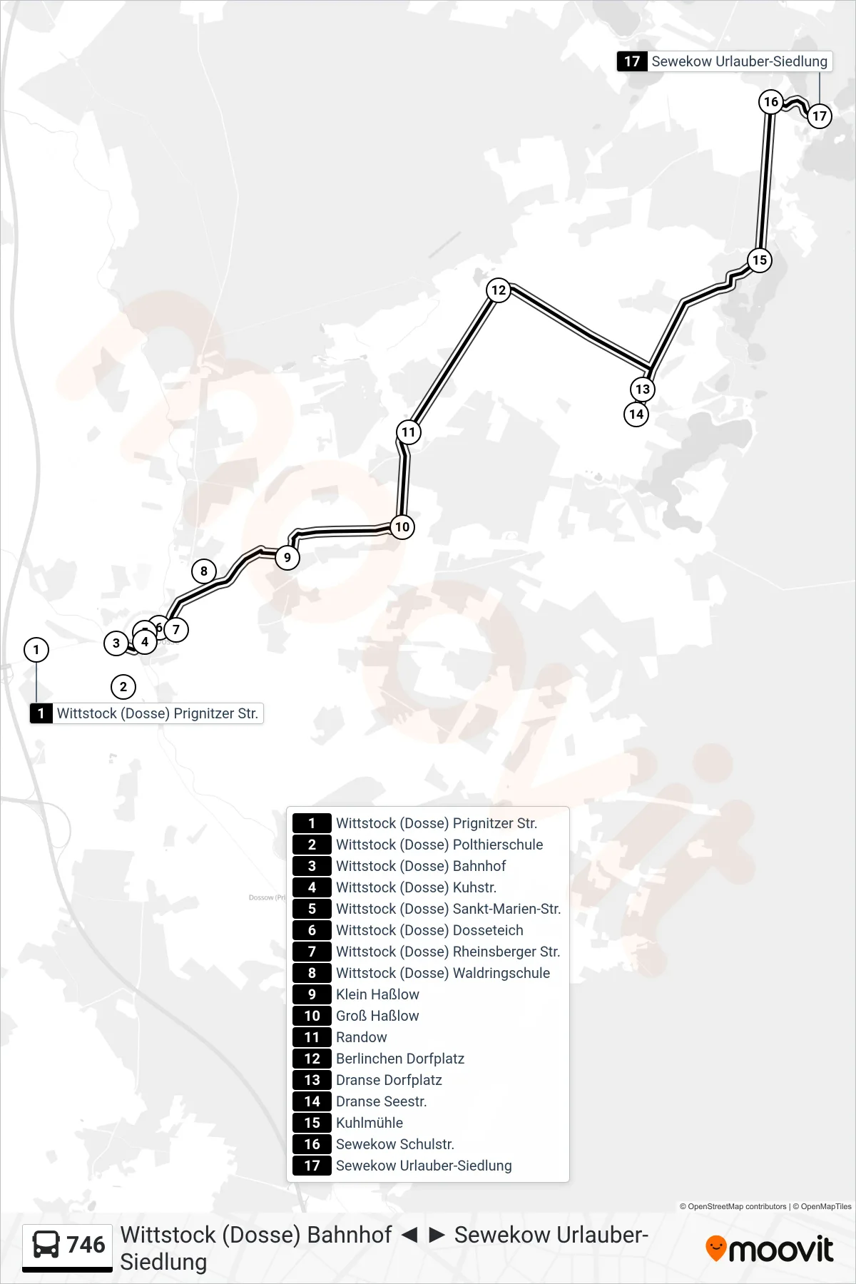 746 bus Line (Sewekow Urlauber-Siedlung) route and stops on a map
