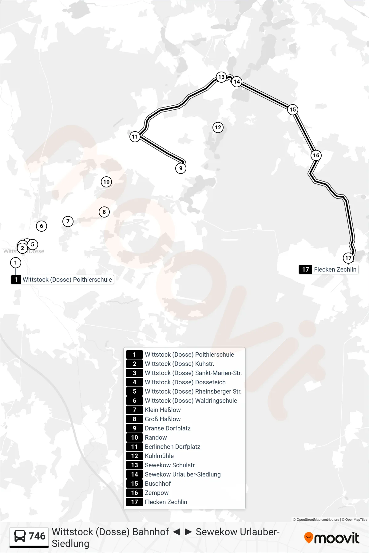 Linie 746 (Bus) Richtung Flecken Zechlin: Route und Haltestellen auf der Karte