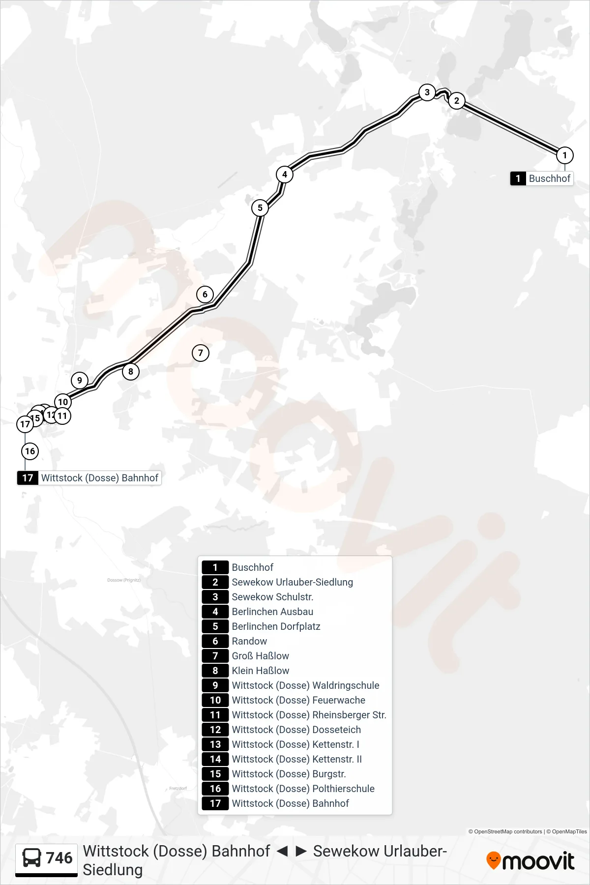 Linie 746 (Bus) Richtung Wittstock (Dosse) Bahnhof: Route und Haltestellen auf der Karte