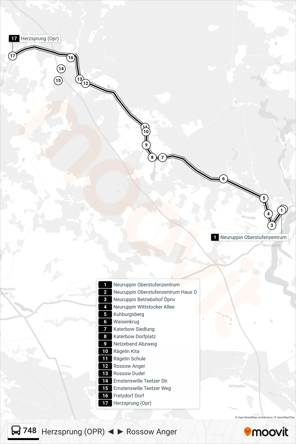 Linie 748 (Bus) Richtung Herzsprung (Opr): Route und Haltestellen auf der Karte
