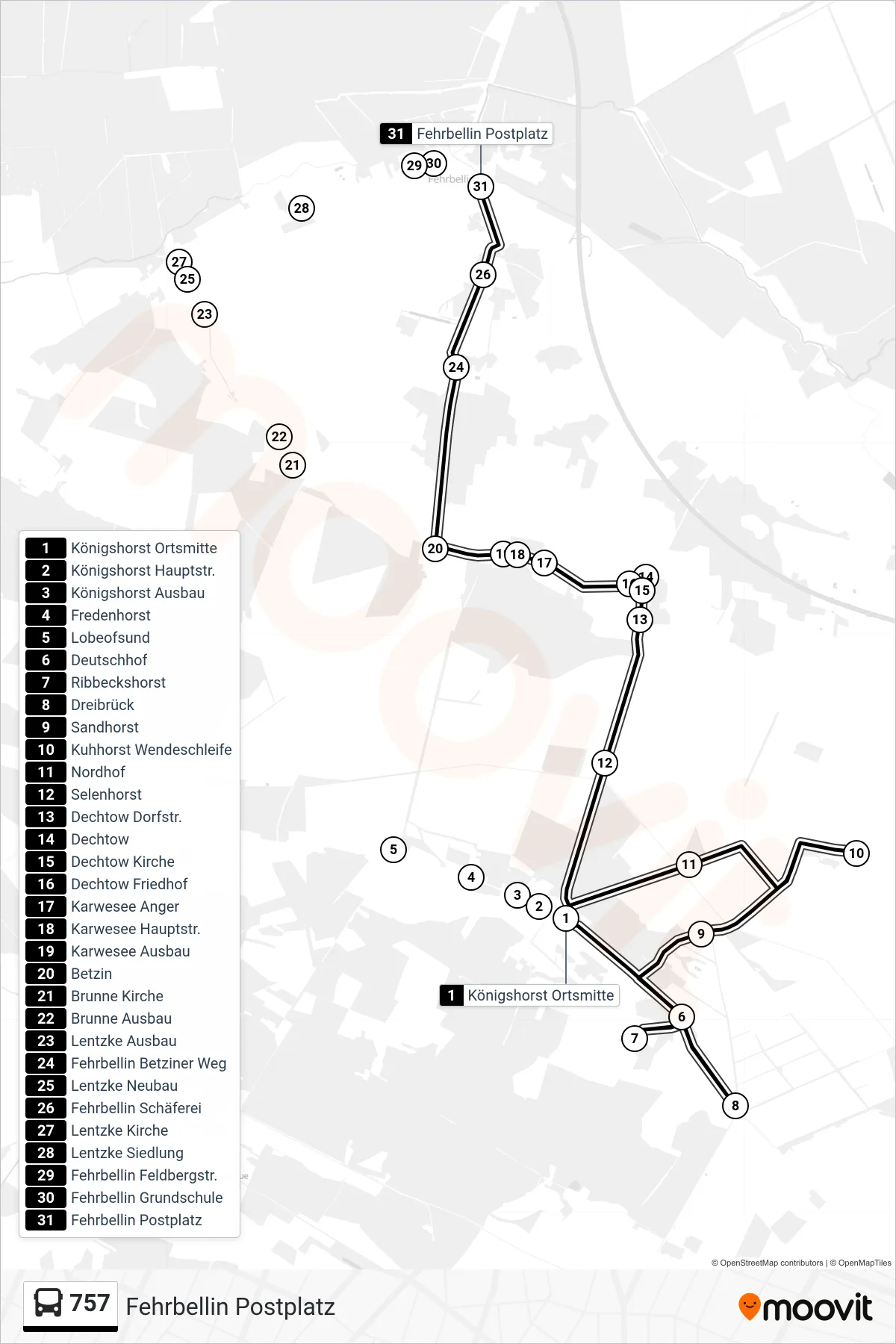 757 bus Line (Fehrbellin Postplatz) route and stops on a map