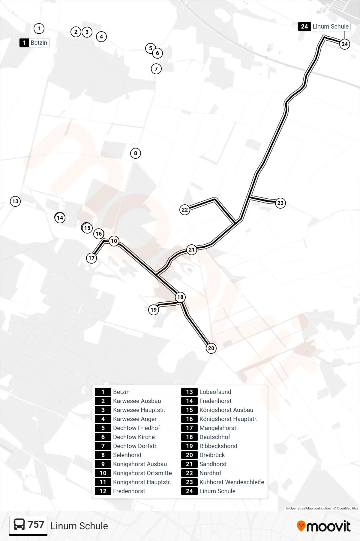 Linie 757 (Bus) Richtung Linum Schule: Route und Haltestellen auf der Karte