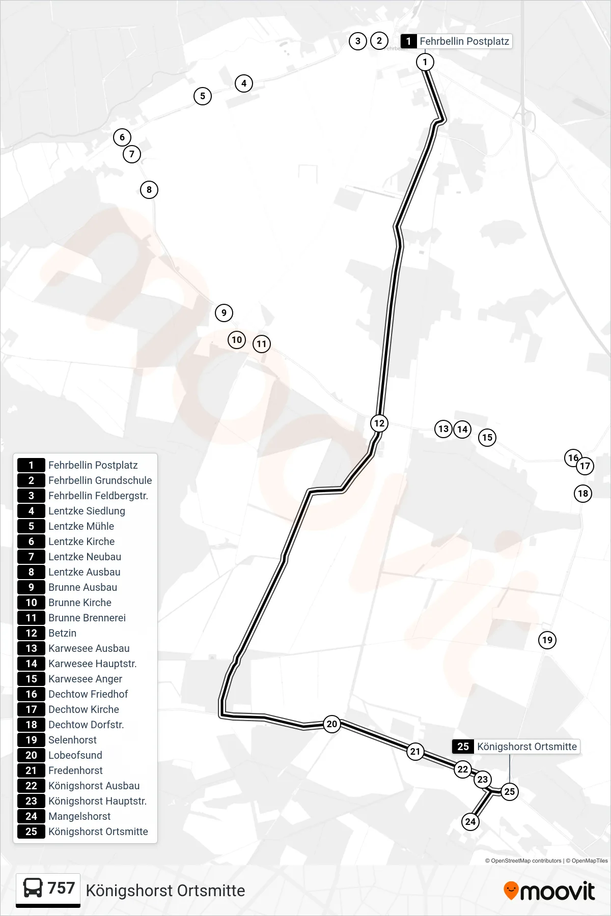 Linie 757 (Bus) Richtung Königshorst Ortsmitte: Route und Haltestellen auf der Karte
