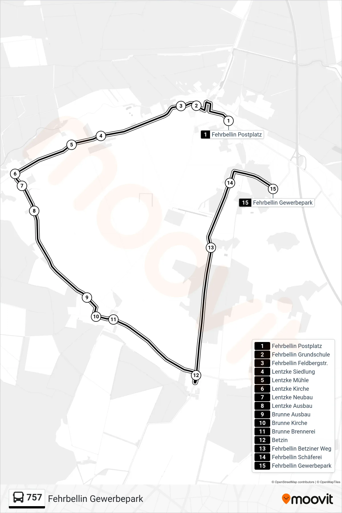 757 bus Line (Fehrbellin Gewerbepark) route and stops on a map