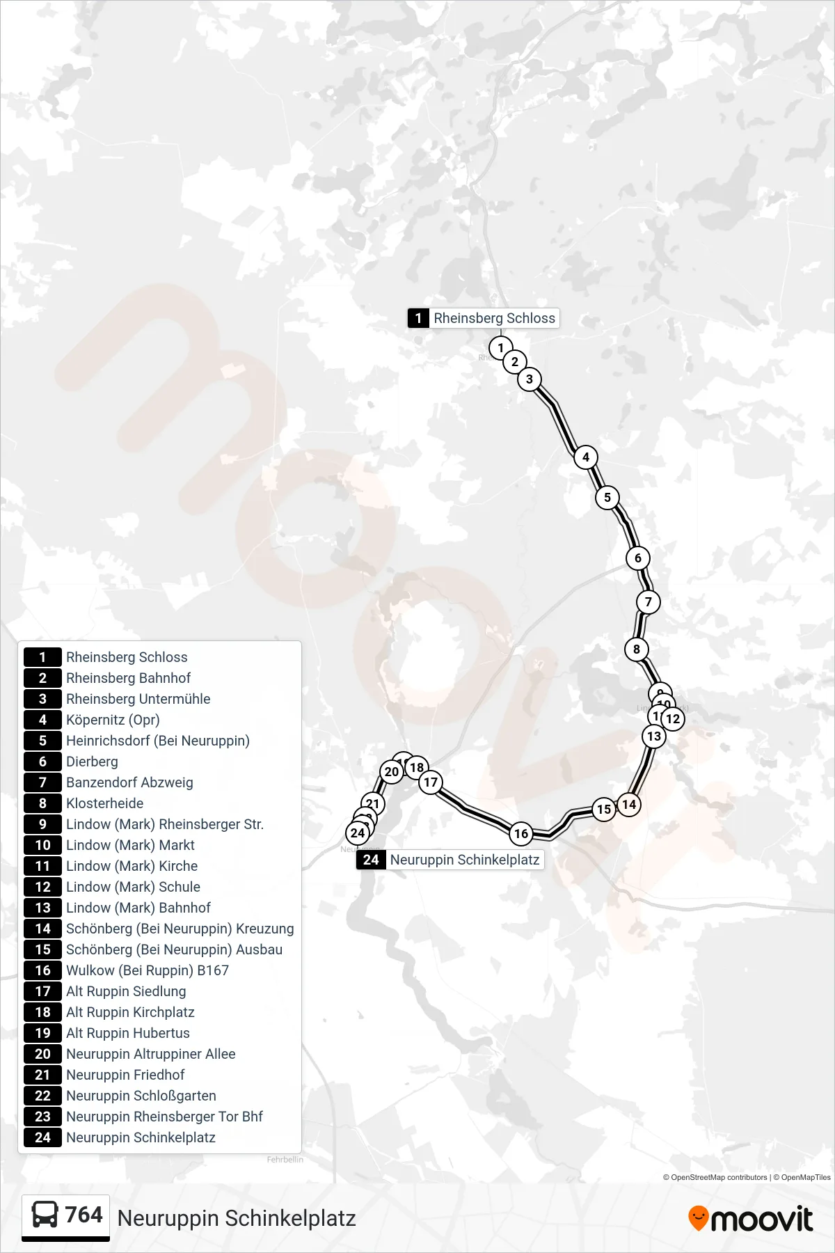 Linie 764 (Bus) Richtung Neuruppin Schinkelplatz: Route und Haltestellen auf der Karte