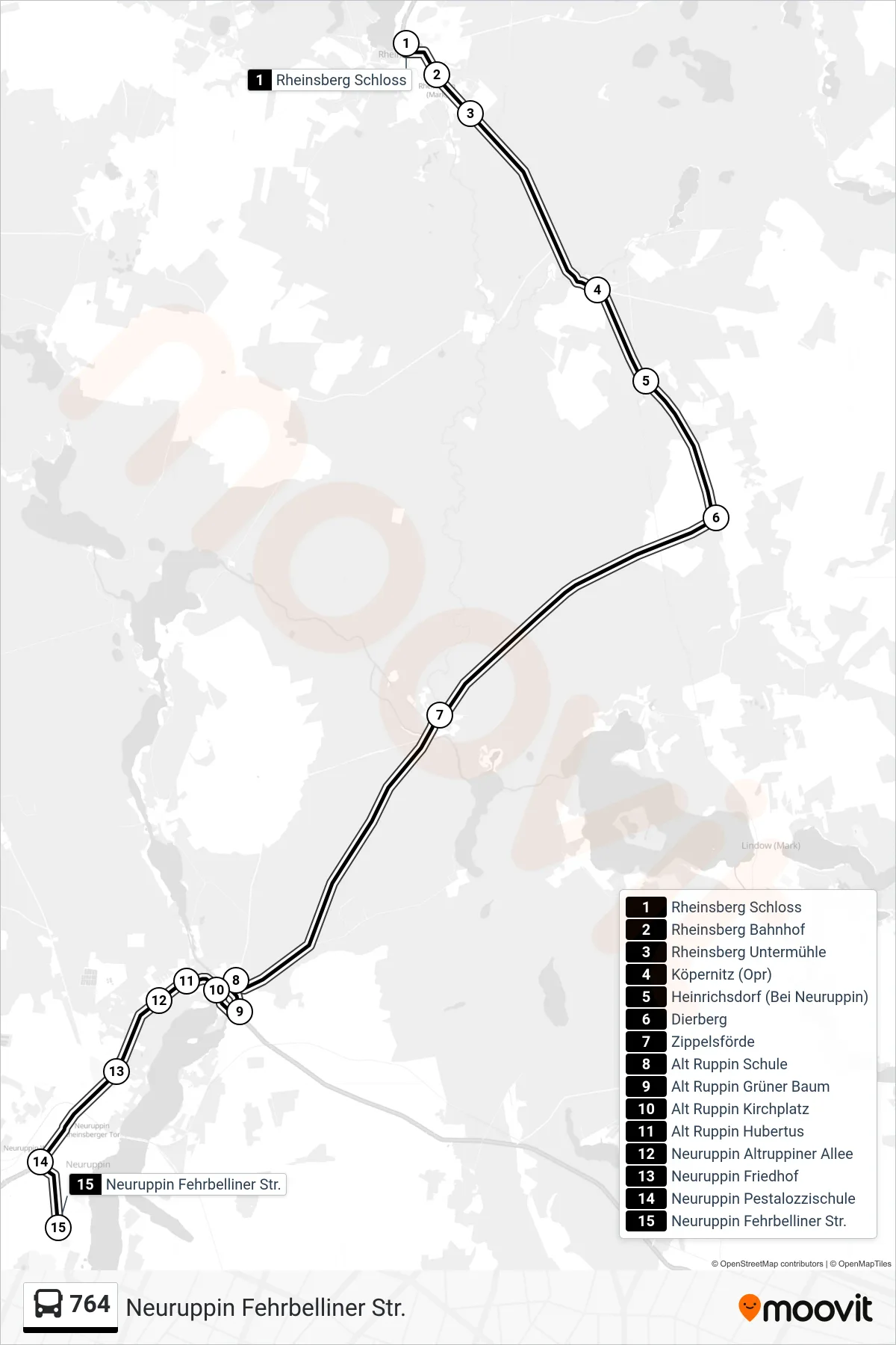 Linie 764 (Bus) Richtung Neuruppin Fehrbelliner Str.: Route und Haltestellen auf der Karte