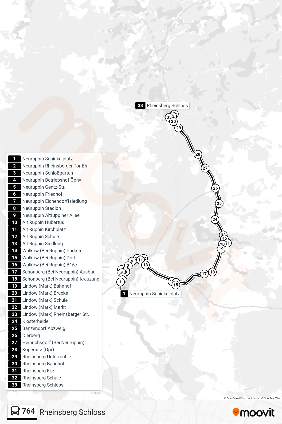 Linie 764 (Bus) Richtung Rheinsberg Schloss: Route und Haltestellen auf der Karte