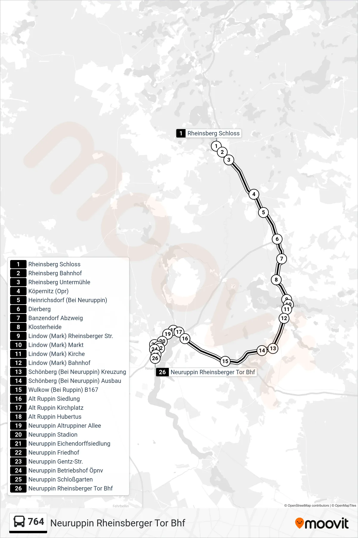 Linie 764 (Bus) Richtung Neuruppin Rheinsberger Tor Bhf: Route und Haltestellen auf der Karte