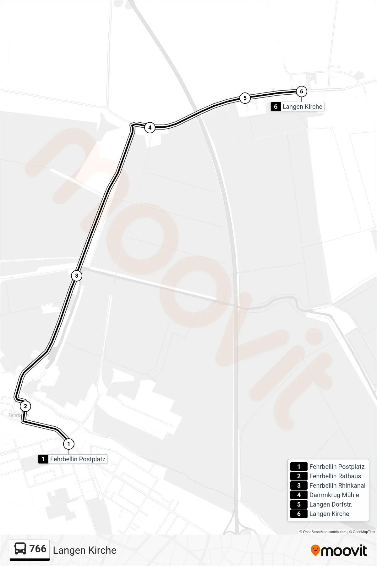766 bus Line (Langen Kirche) route and stops on a map
