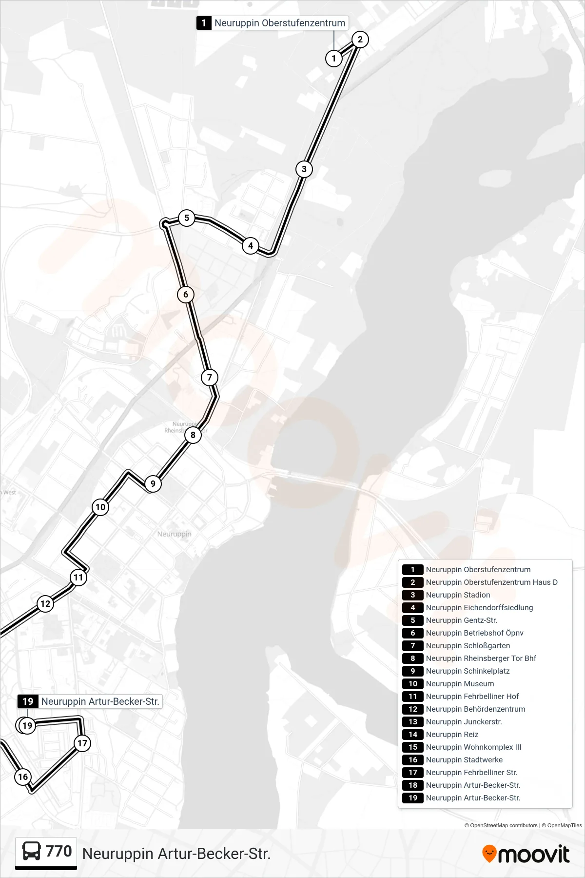 Linie 770 (Bus) Richtung Neuruppin Artur-Becker-Str.: Route und Haltestellen auf der Karte