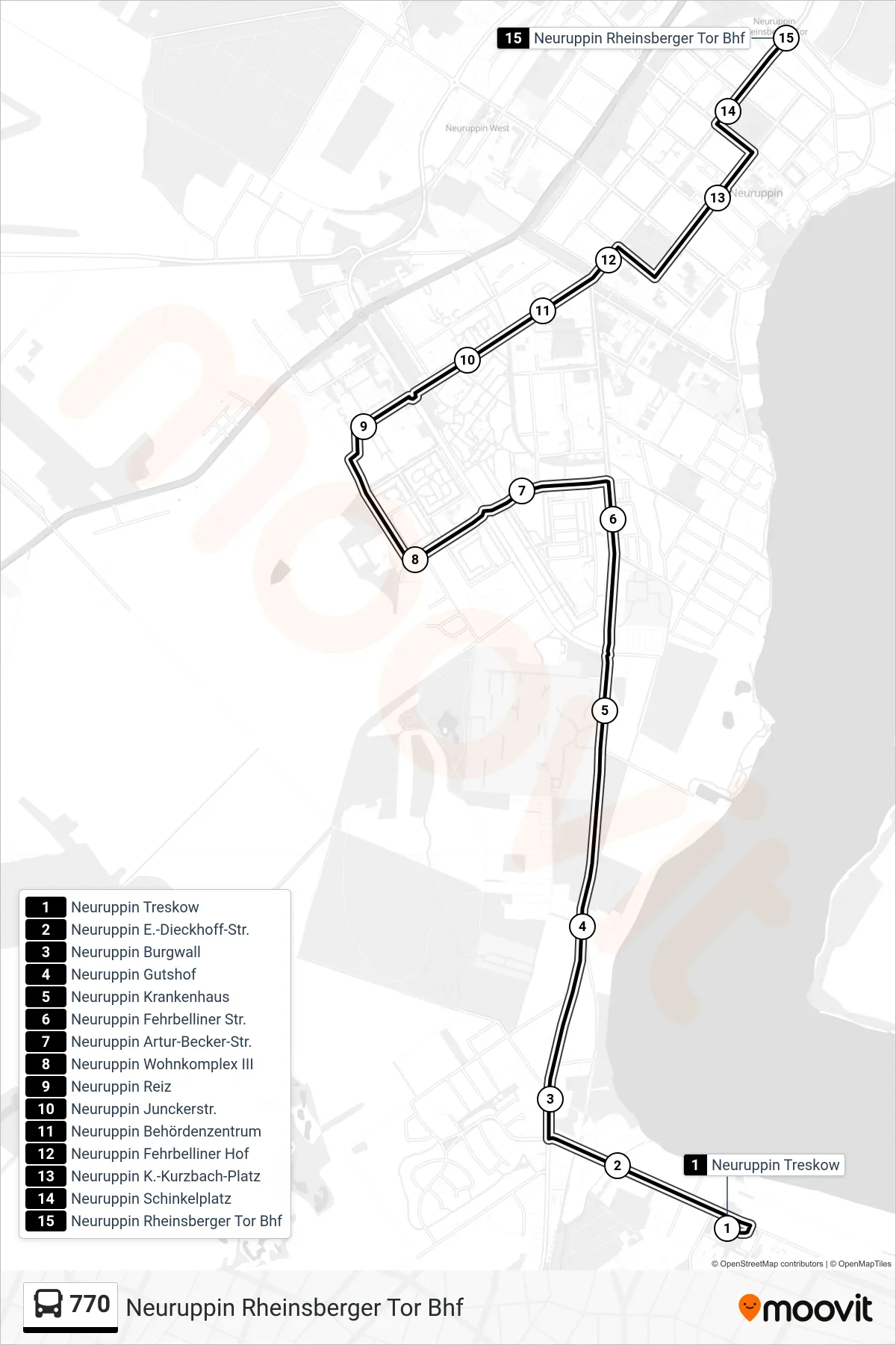 Linie 770 (Bus) Richtung Neuruppin Rheinsberger Tor Bhf: Route und Haltestellen auf der Karte