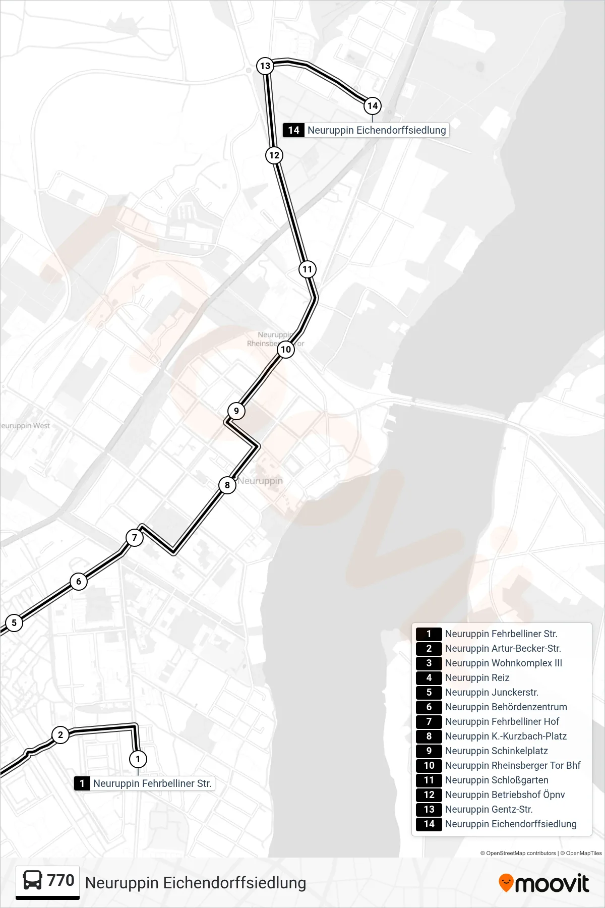 Linie 770 (Bus) Richtung Neuruppin Eichendorffsiedlung: Route und Haltestellen auf der Karte