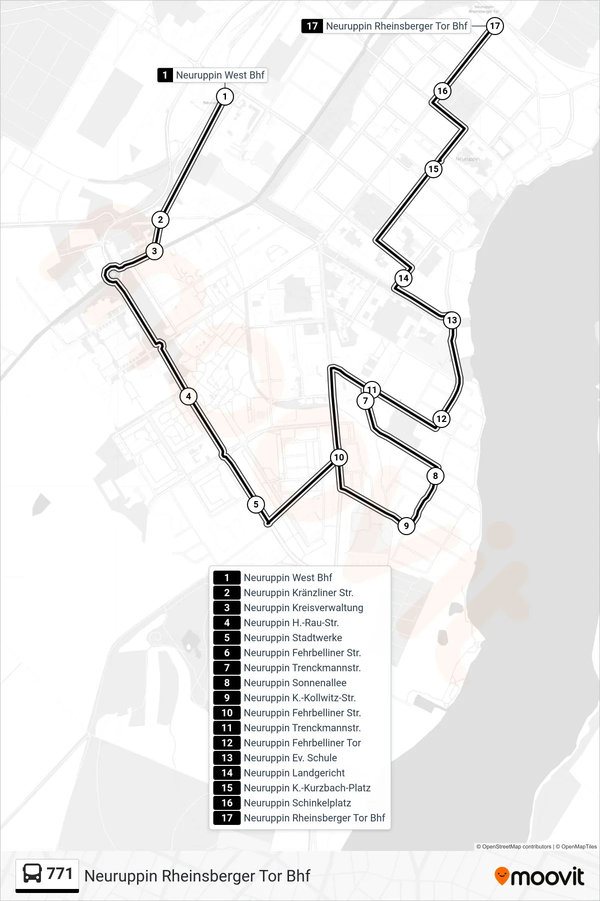 Linie 771 (Bus) Richtung Neuruppin Rheinsberger Tor Bhf: Route und Haltestellen auf der Karte