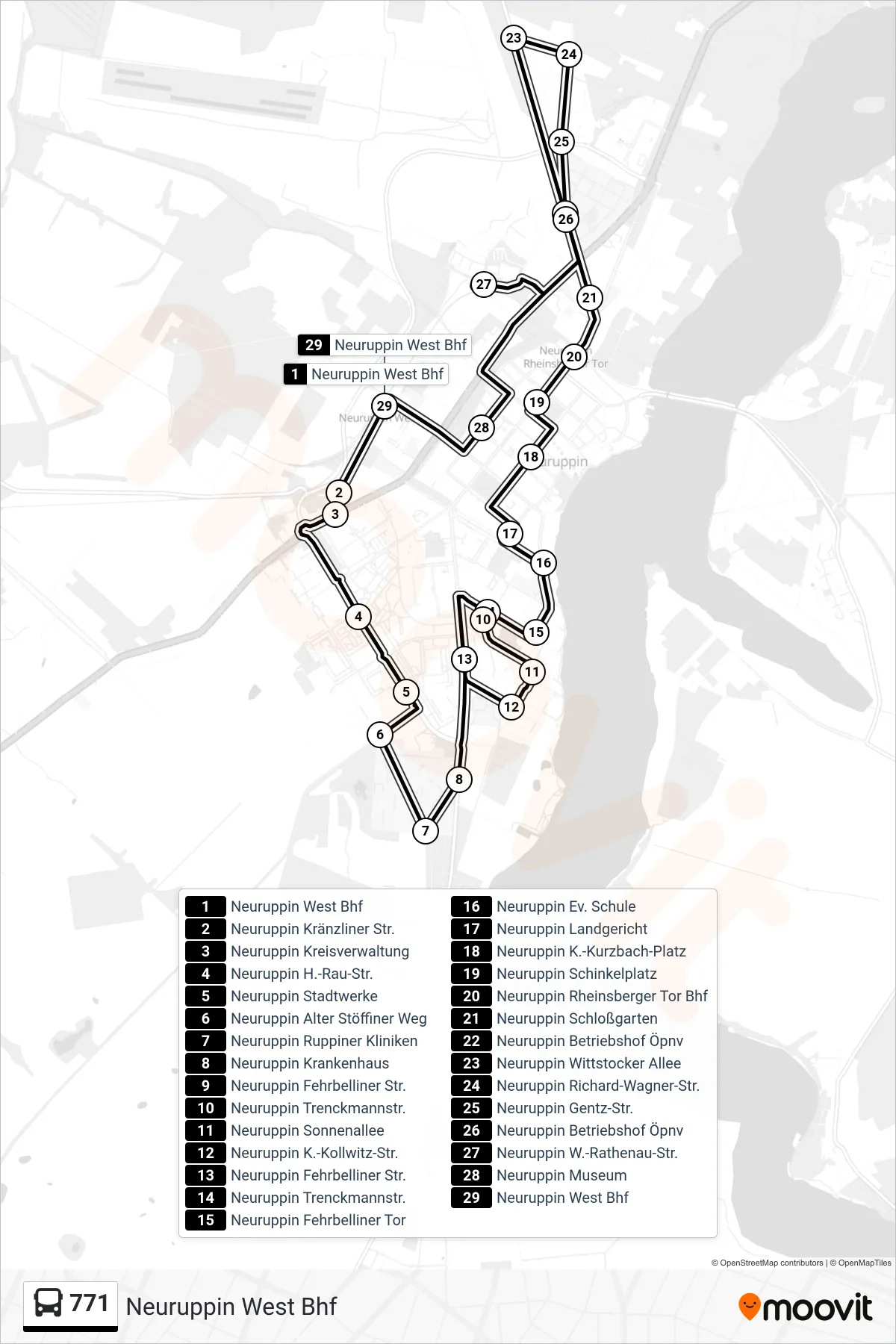 771 bus Line (Neuruppin West Bhf) route and stops on a map