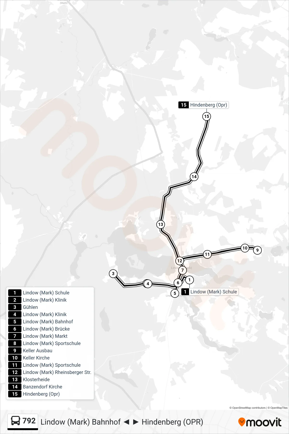 Linie 792 (Bus) Richtung Hindenberg (Opr): Route und Haltestellen auf der Karte