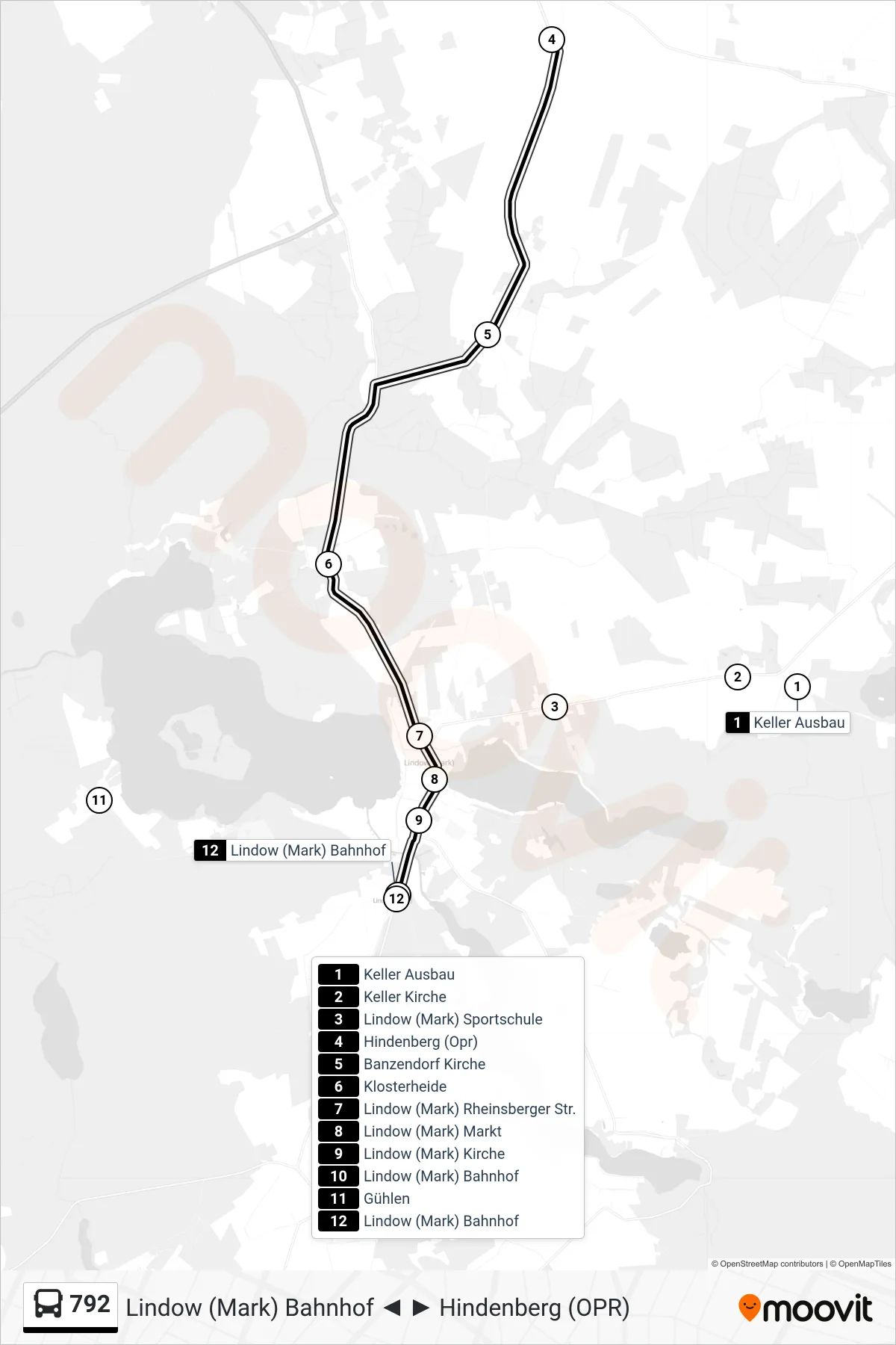 Linie 792 (Bus) Richtung Lindow (Mark) Bahnhof: Route und Haltestellen auf der Karte