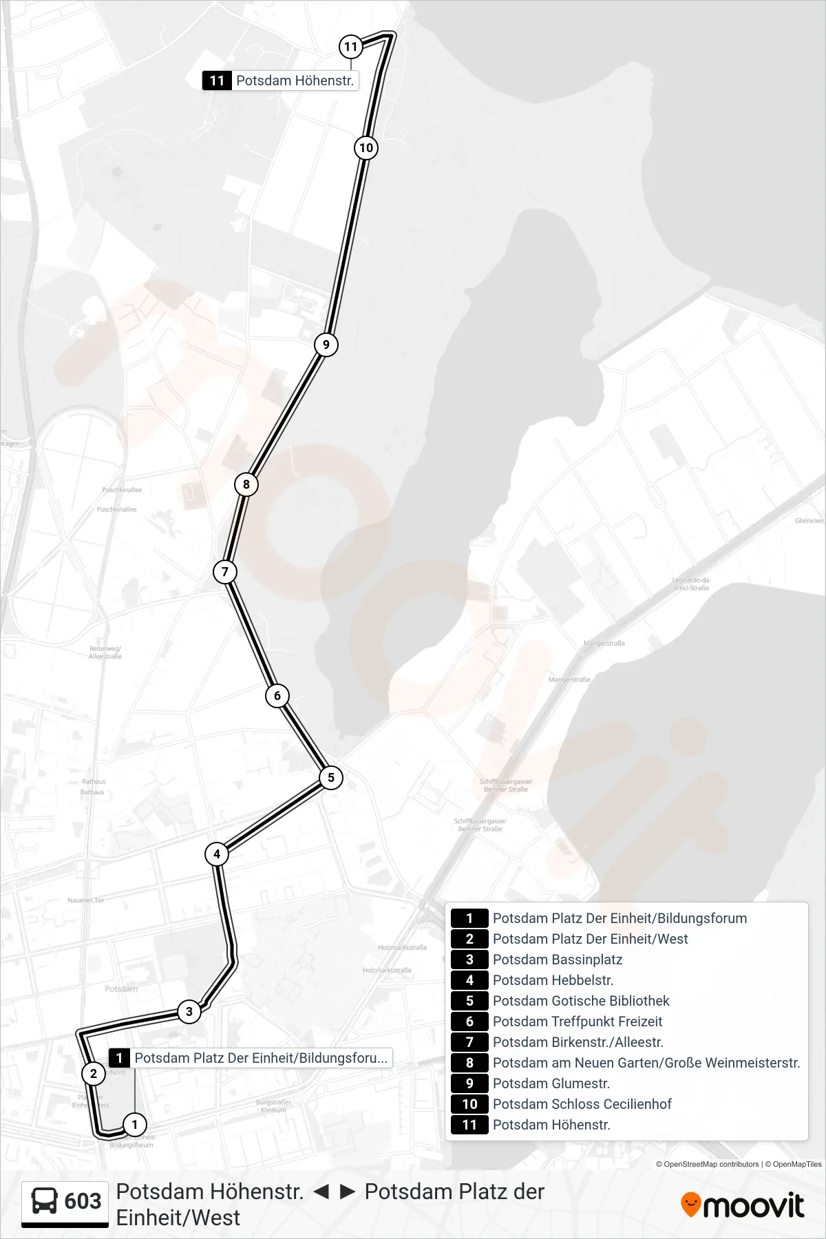 Linie 603 (Bus) Richtung Potsdam Höhenstr.: Route und Haltestellen auf der Karte