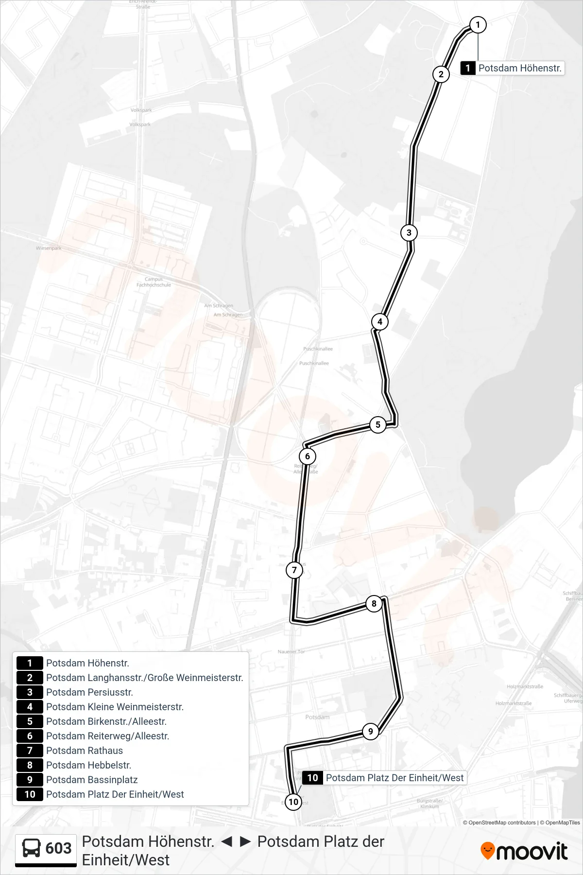Linie 603 (Bus) Richtung Potsdam Platz Der Einheit/West: Route und Haltestellen auf der Karte